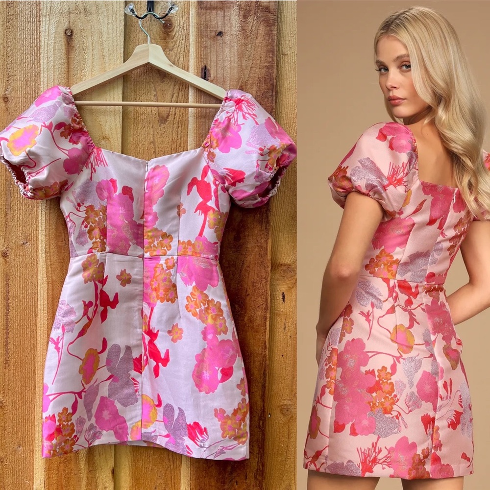 Pink and Orange Multi Floral Jacquard Puff Sleeve Mini Dress - Picture 4 of 11